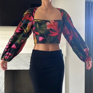 Mara Hoffman cropped blouse, open back, puffed sleeves, tropical print, size 8